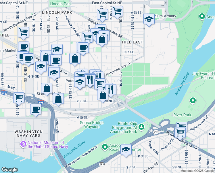 map of restaurants, bars, coffee shops, grocery stores, and more near 745 Kentucky Avenue Southeast in Washington