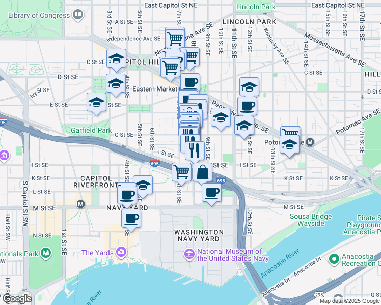 map of restaurants, bars, coffee shops, grocery stores, and more near 101 Independence Avenue Southeast in Washington
