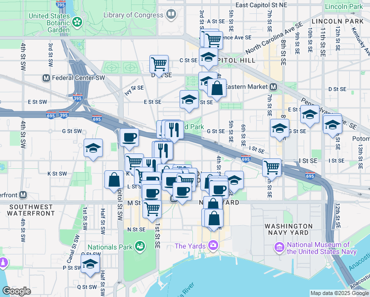 map of restaurants, bars, coffee shops, grocery stores, and more near 701 2nd Street Southeast in Washington