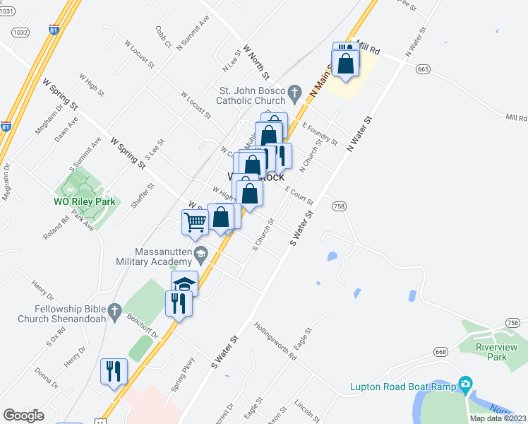 map of restaurants, bars, coffee shops, grocery stores, and more near 127 East High Street in Woodstock
