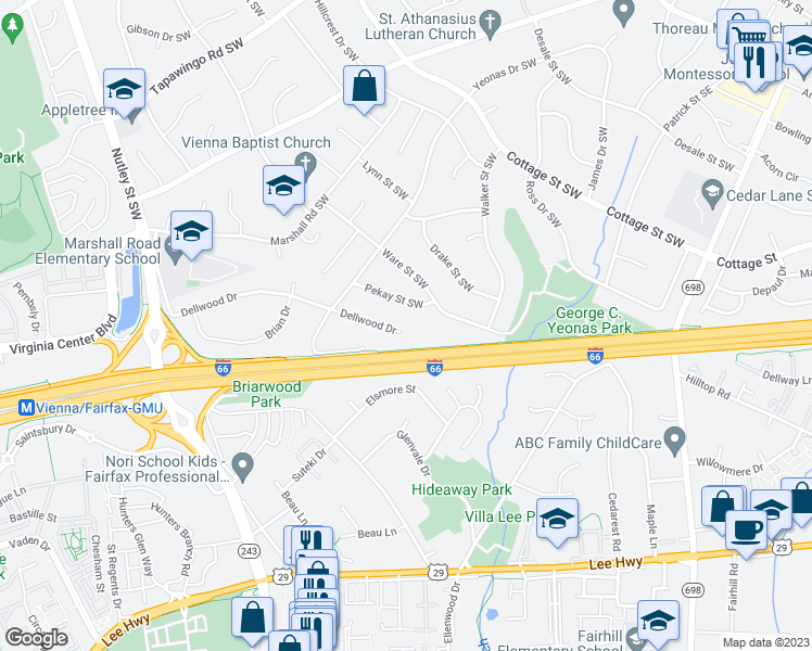 map of restaurants, bars, coffee shops, grocery stores, and more near 9020 Dellwood Drive in Vienna
