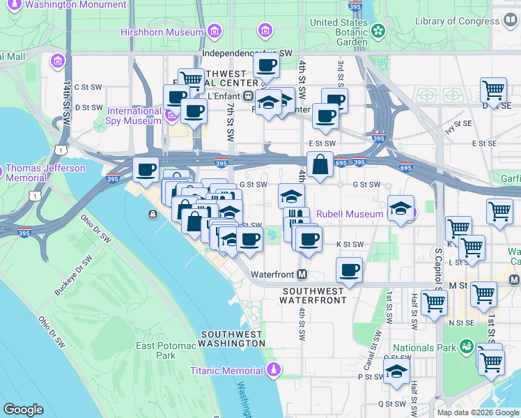 map of restaurants, bars, coffee shops, grocery stores, and more near 101 Independence Avenue Southeast in Washington