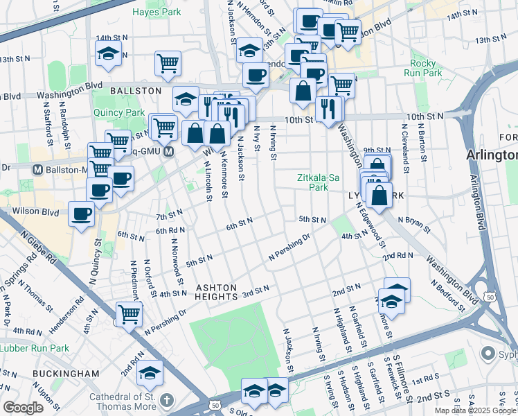 map of restaurants, bars, coffee shops, grocery stores, and more near 604 North Ivy Street in Arlington