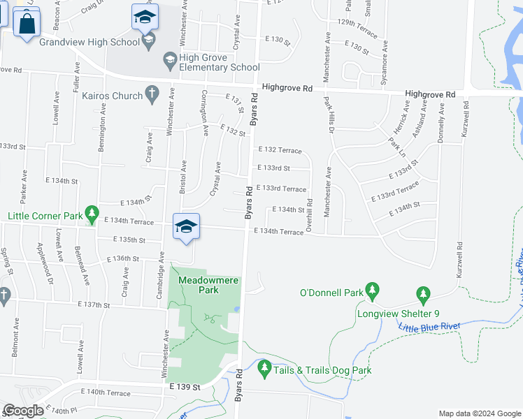 map of restaurants, bars, coffee shops, grocery stores, and more near 13400 Oakland Avenue in Grandview