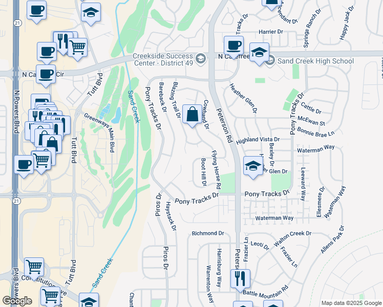 map of restaurants, bars, coffee shops, grocery stores, and more near 6730 Quarter Circle Road in Colorado Springs