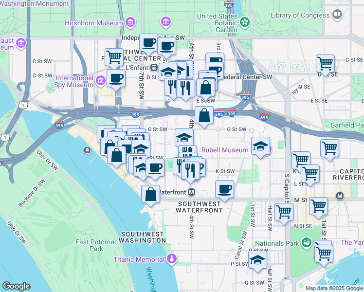 map of restaurants, bars, coffee shops, grocery stores, and more near 401 I Street Southwest in Washington