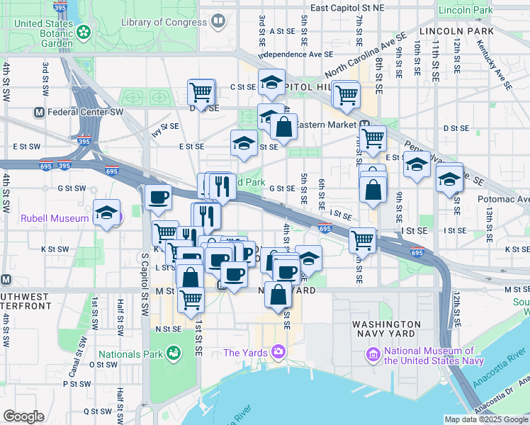 map of restaurants, bars, coffee shops, grocery stores, and more near 311 Virginia Avenue Southeast in Washington