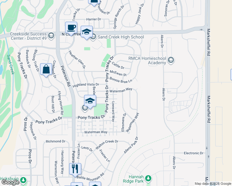 map of restaurants, bars, coffee shops, grocery stores, and more near 7220 Mount Higgins Heights in Colorado Springs