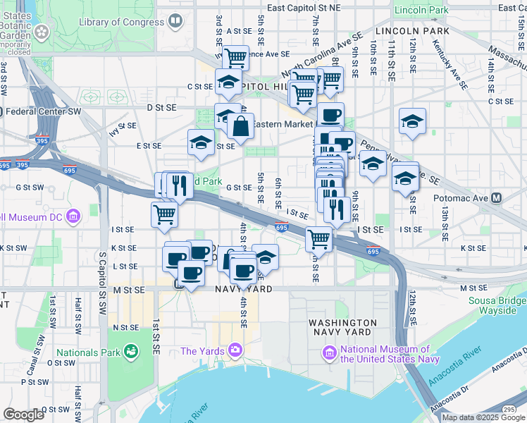 map of restaurants, bars, coffee shops, grocery stores, and more near 732 5th Street Southeast in Washington