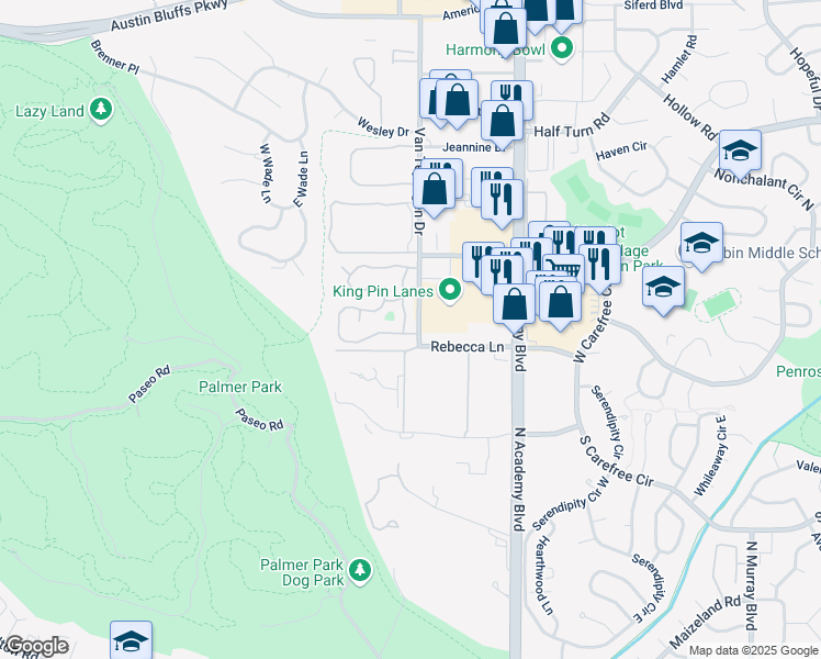 map of restaurants, bars, coffee shops, grocery stores, and more near 3755 Knoll Lane in Colorado Springs
