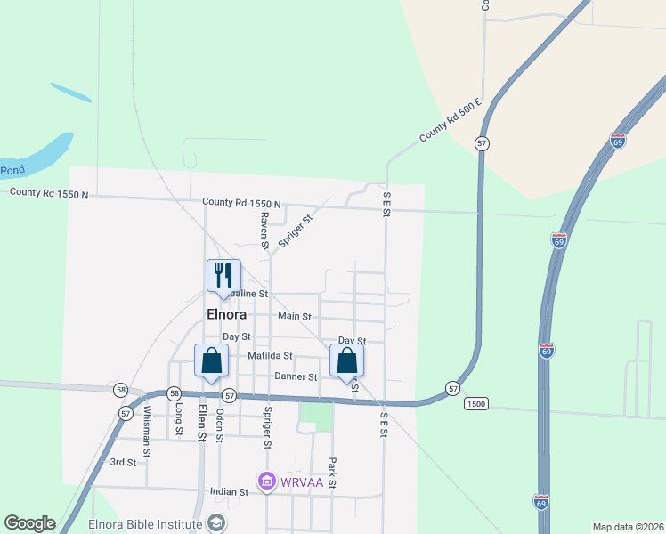 map of restaurants, bars, coffee shops, grocery stores, and more near 429 East Adaline Street in Elnora
