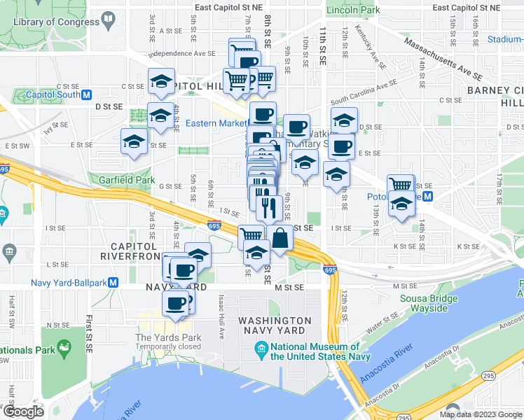 map of restaurants, bars, coffee shops, grocery stores, and more near 731 8th Street Southeast in Washington
