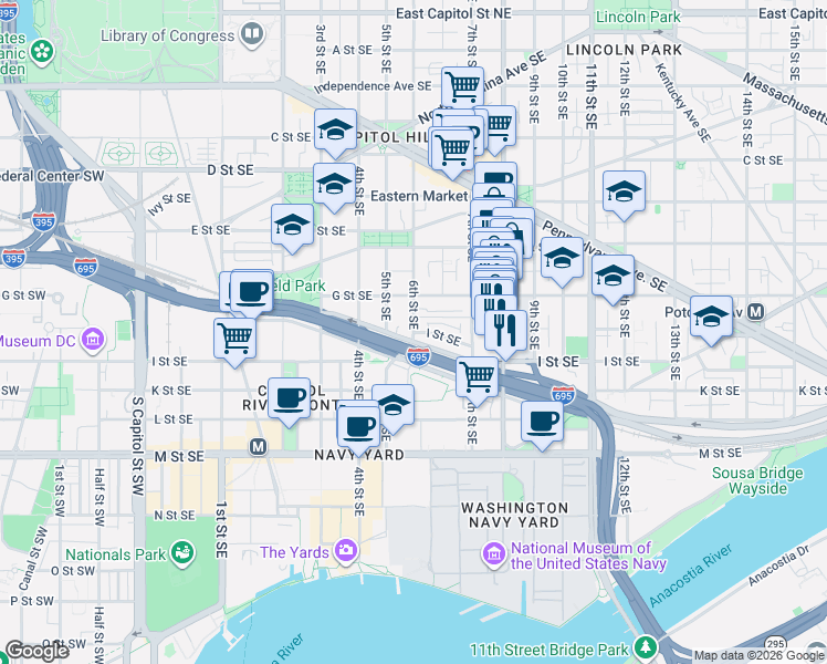 map of restaurants, bars, coffee shops, grocery stores, and more near I Street Southeast in Washington