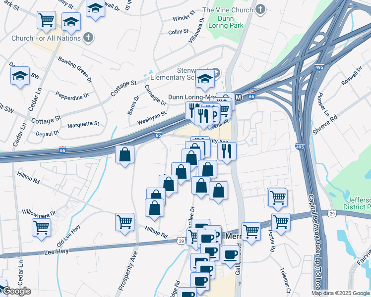 map of restaurants, bars, coffee shops, grocery stores, and more near 2675 Halstead II Lane in Fairfax