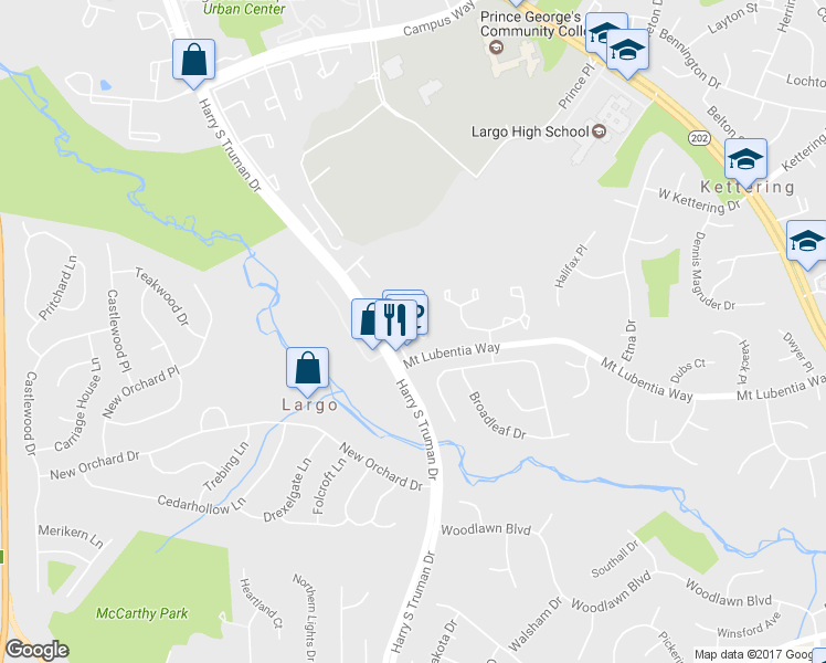 map of restaurants, bars, coffee shops, grocery stores, and more near 723 Parev Way in Upper Marlboro