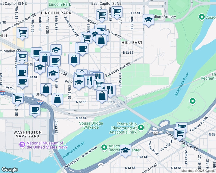 map of restaurants, bars, coffee shops, grocery stores, and more near 745 Kentucky Avenue Southeast in Washington