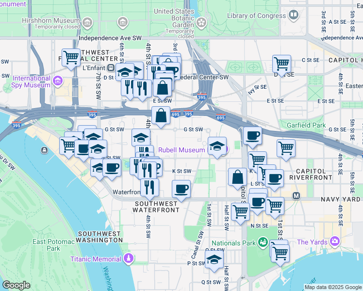map of restaurants, bars, coffee shops, grocery stores, and more near 814 3rd Street Southwest in Washington