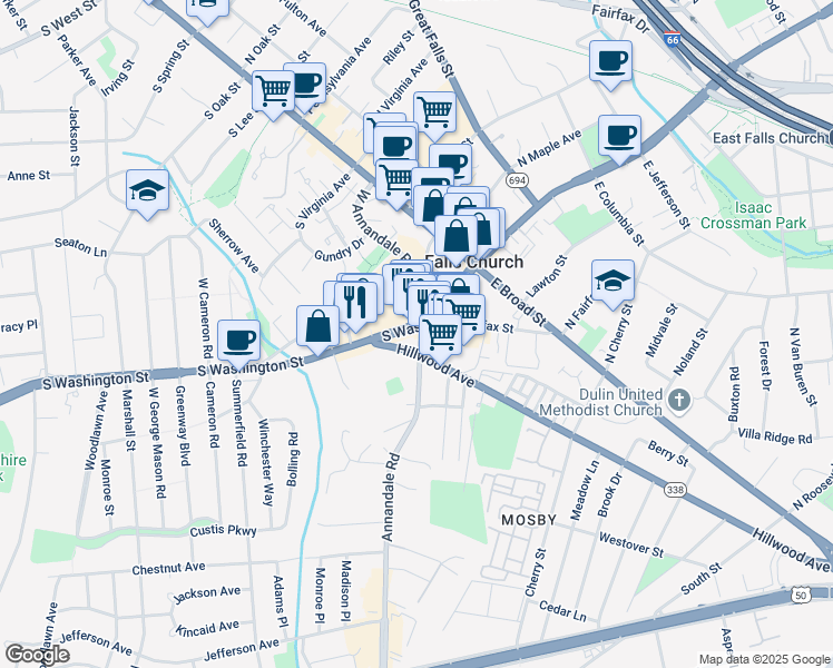map of restaurants, bars, coffee shops, grocery stores, and more near 102 East Annandale Road in Falls Church