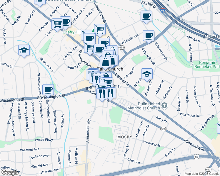 map of restaurants, bars, coffee shops, grocery stores, and more near 115 East Fairfax Street in Falls Church
