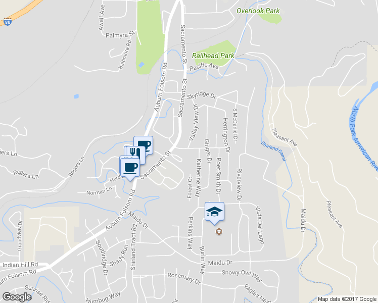 map of restaurants, bars, coffee shops, grocery stores, and more near 202 Carolyn Street in Auburn
