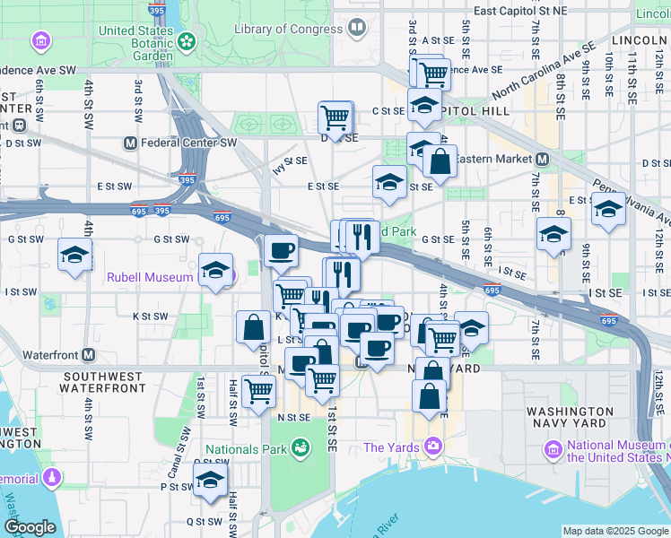 map of restaurants, bars, coffee shops, grocery stores, and more near 861 New Jersey Avenue Southeast in Washington