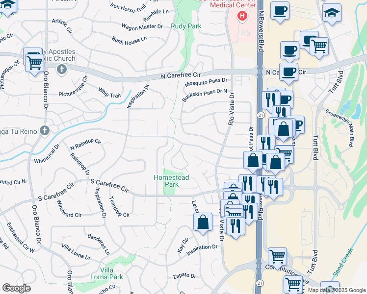 map of restaurants, bars, coffee shops, grocery stores, and more near 3112 Vail Pass Drive in Colorado Springs