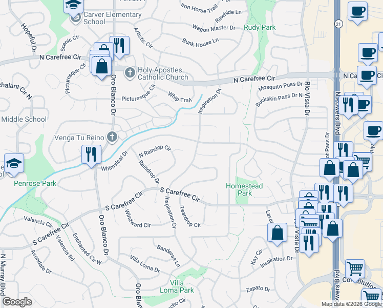 map of restaurants, bars, coffee shops, grocery stores, and more near 3325 Inspiration Drive in Colorado Springs