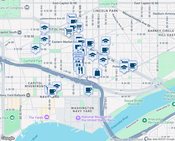 map of restaurants, bars, coffee shops, grocery stores, and more near 101 Independence Avenue Southeast in Washington