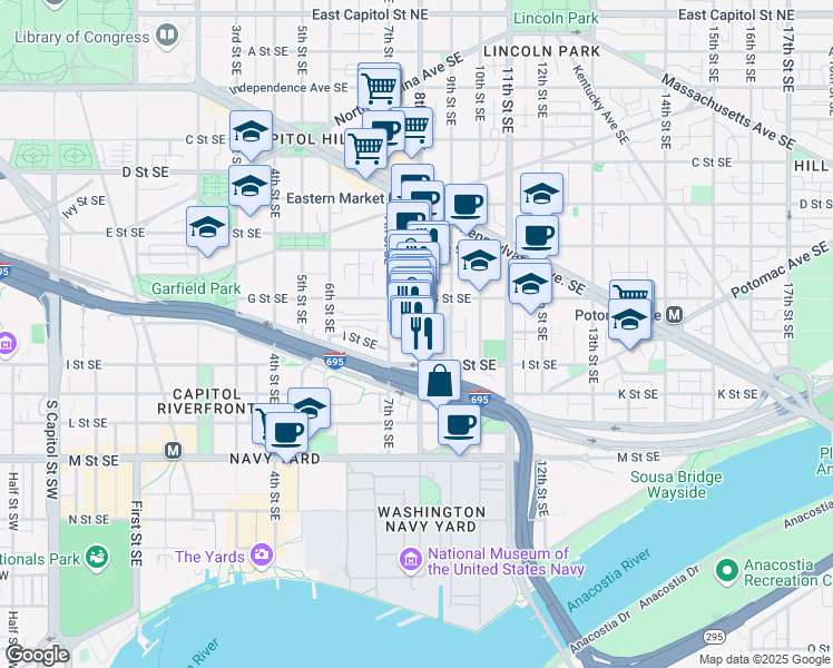 map of restaurants, bars, coffee shops, grocery stores, and more near 101 Independence Avenue Southeast in Washington