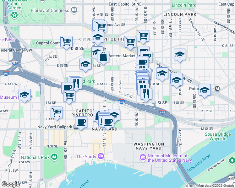 map of restaurants, bars, coffee shops, grocery stores, and more near 101 Independence Avenue Southeast in Washington