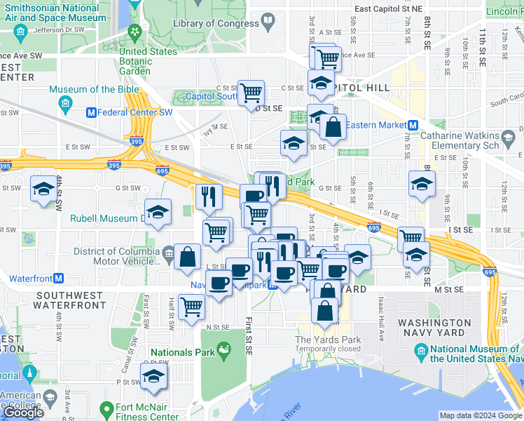 map of restaurants, bars, coffee shops, grocery stores, and more near 101 Independence Avenue Southeast in Washington