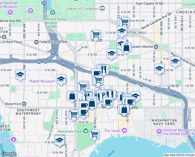 map of restaurants, bars, coffee shops, grocery stores, and more near 101 Independence Avenue Southeast in Washington