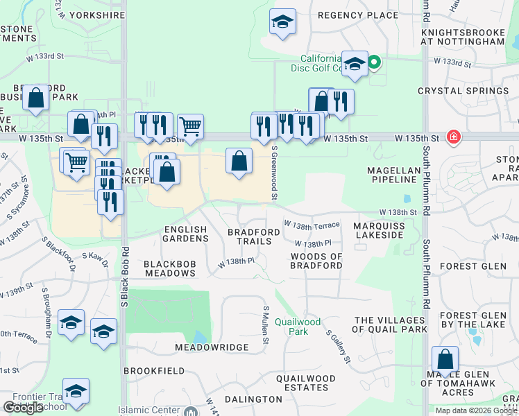 map of restaurants, bars, coffee shops, grocery stores, and more near 13805 South Mullen Street in Olathe