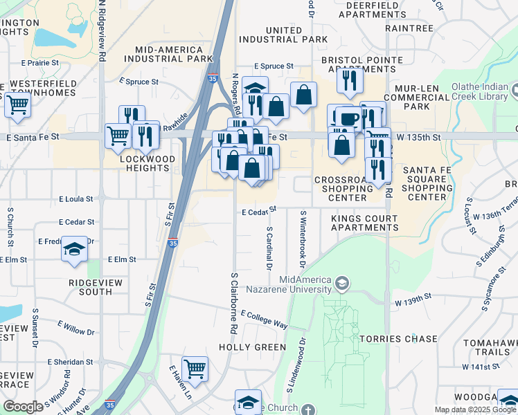 map of restaurants, bars, coffee shops, grocery stores, and more near 1707 East Cedar Street in Olathe