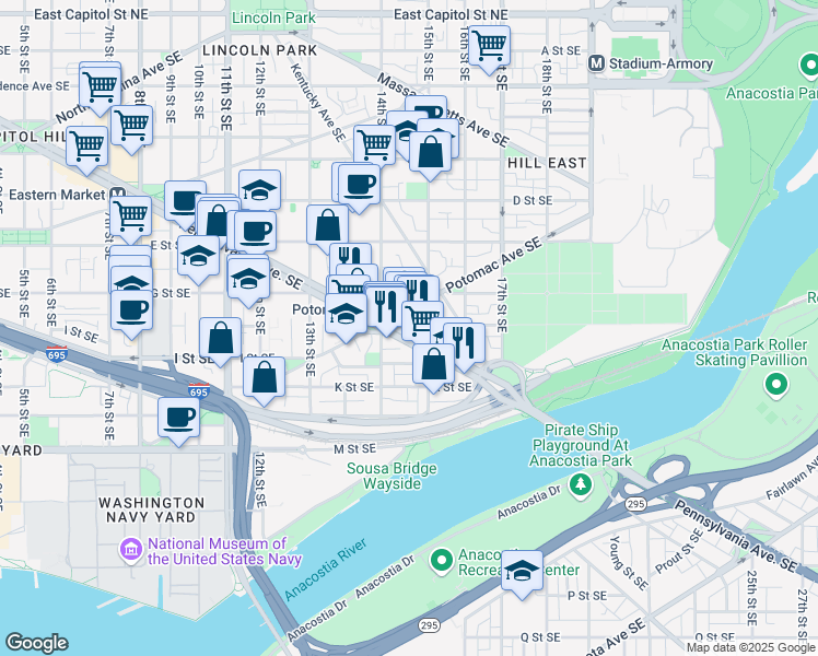 map of restaurants, bars, coffee shops, grocery stores, and more near 1418 Pennsylvania Avenue Southeast in Washington