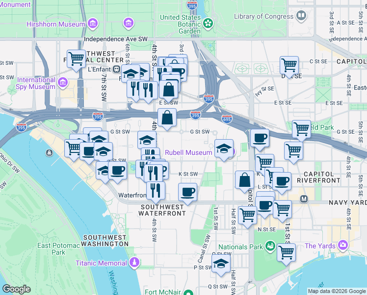 map of restaurants, bars, coffee shops, grocery stores, and more near 101 Independence Avenue Southeast in Washington