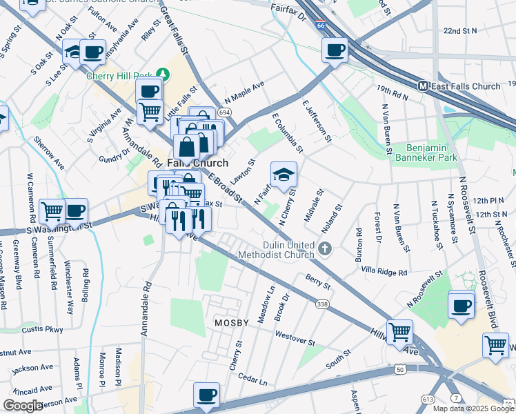 map of restaurants, bars, coffee shops, grocery stores, and more near 301 West Broad Street in Falls Church