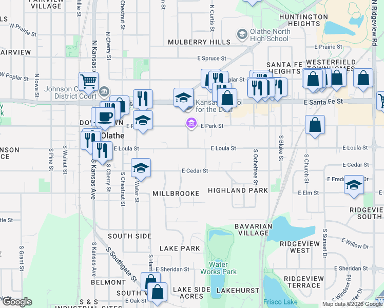map of restaurants, bars, coffee shops, grocery stores, and more near 461 East Loula Street in Olathe