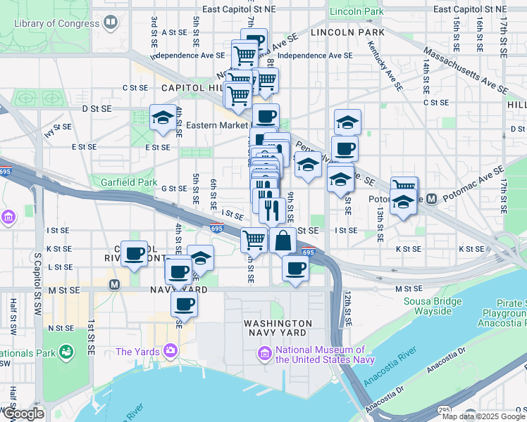 map of restaurants, bars, coffee shops, grocery stores, and more near 101 Independence Avenue Southeast in Washington