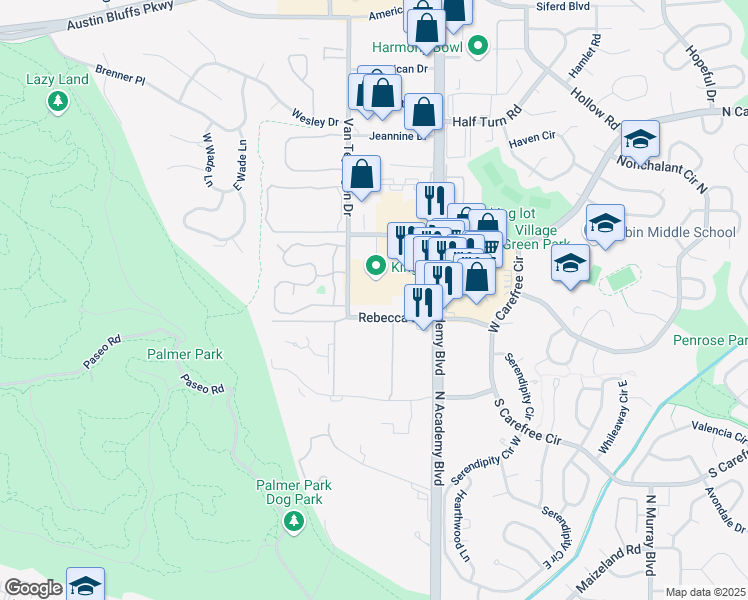 map of restaurants, bars, coffee shops, grocery stores, and more near 3630 Rebecca Lane in Colorado Springs