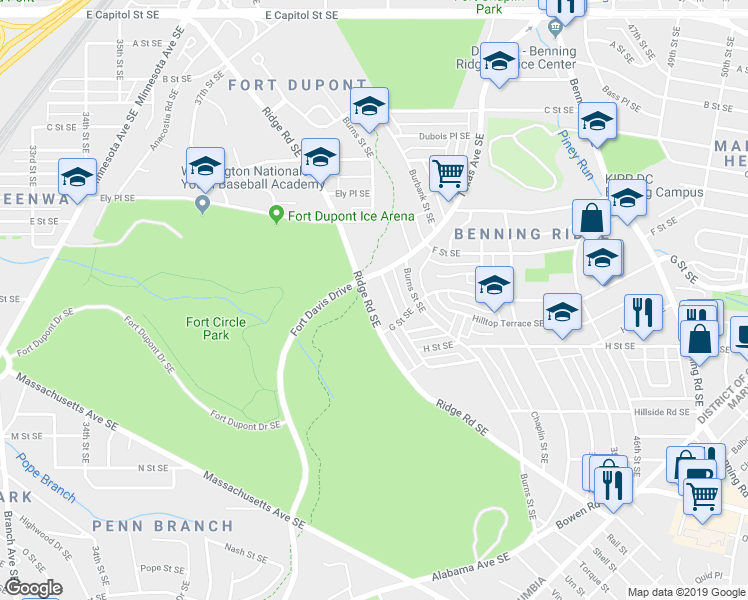 map of restaurants, bars, coffee shops, grocery stores, and more near 618 Ridge Road Southeast in Washington