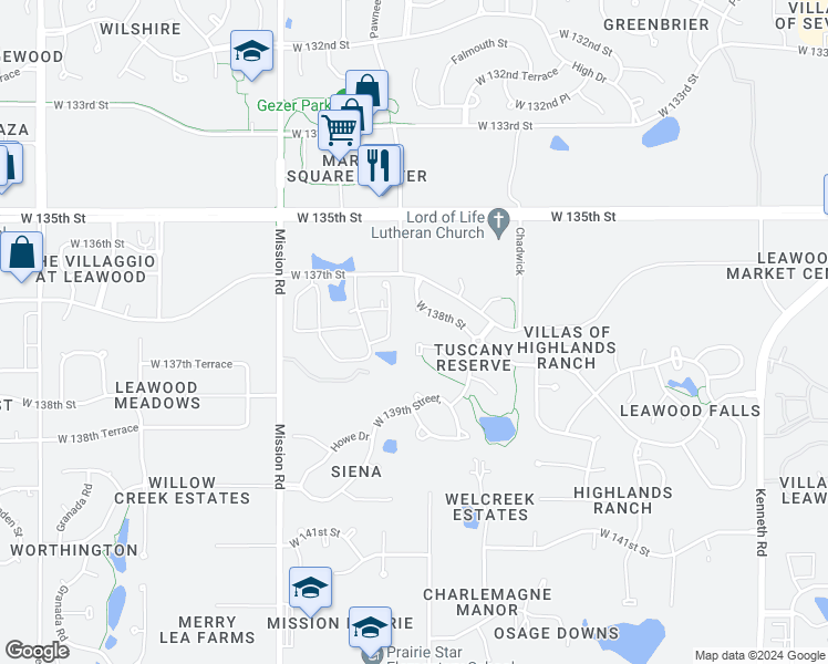 map of restaurants, bars, coffee shops, grocery stores, and more near 3442 West 138th Terrace in Overland Park
