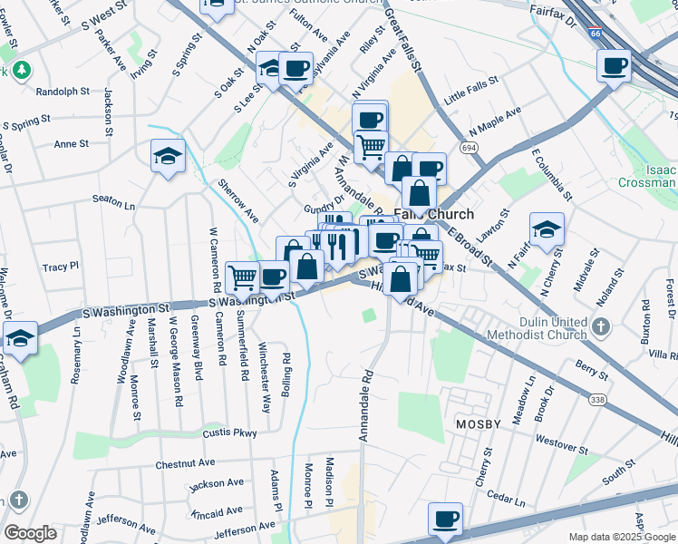 map of restaurants, bars, coffee shops, grocery stores, and more near 420 South Washington Street in Falls Church