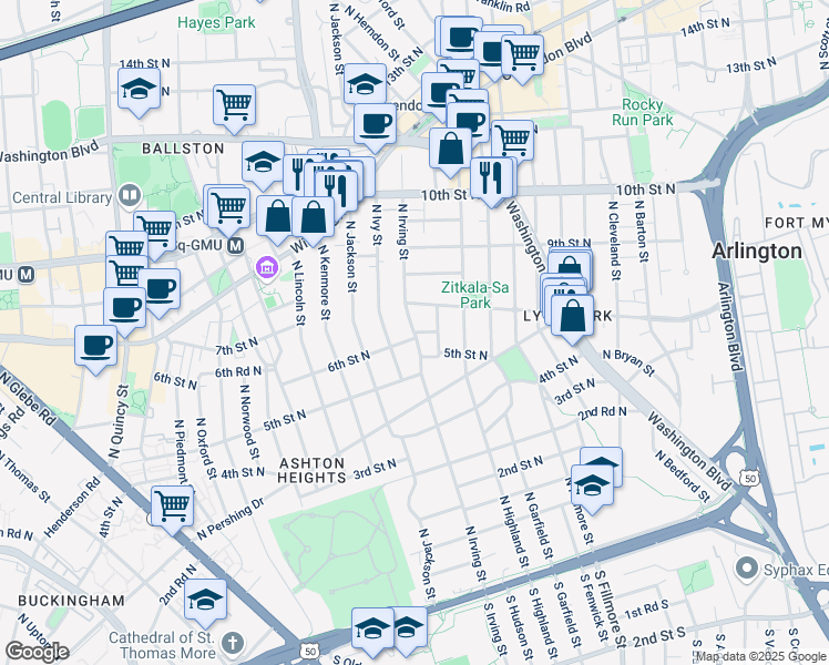 map of restaurants, bars, coffee shops, grocery stores, and more near North Irving Street in Arlington