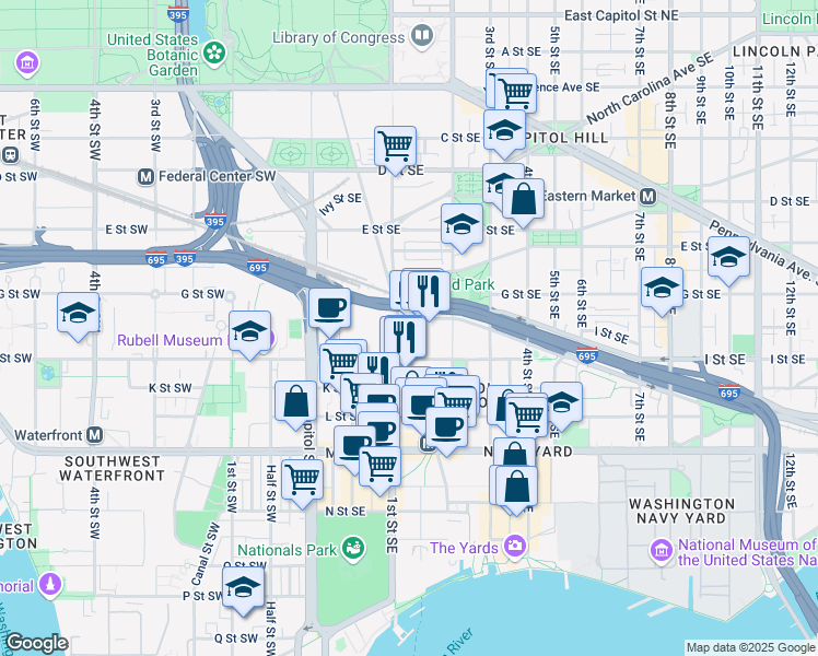 map of restaurants, bars, coffee shops, grocery stores, and more near 800 New Jersey Avenue Southeast in Washington
