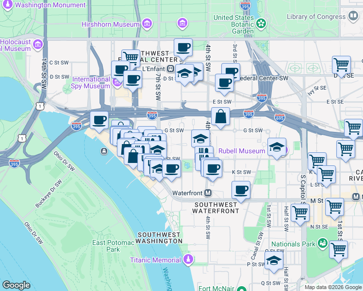 map of restaurants, bars, coffee shops, grocery stores, and more near 750 6th Street Southwest in Washington