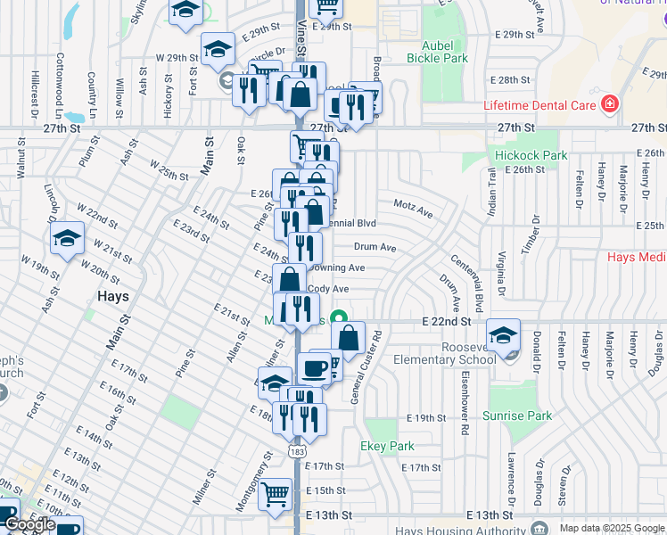 map of restaurants, bars, coffee shops, grocery stores, and more near General Hays Road in Hays
