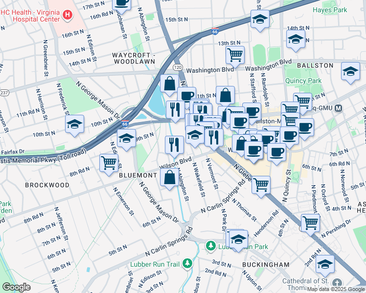 map of restaurants, bars, coffee shops, grocery stores, and more near 827 North Woodrow Street in Arlington
