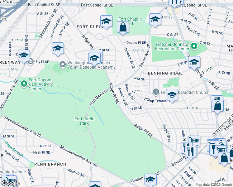 map of restaurants, bars, coffee shops, grocery stores, and more near 618 Ridge Road Southeast in Washington