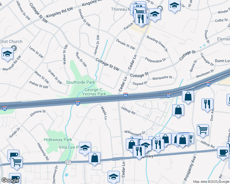 map of restaurants, bars, coffee shops, grocery stores, and more near 1422 Ross Drive Southwest in Vienna